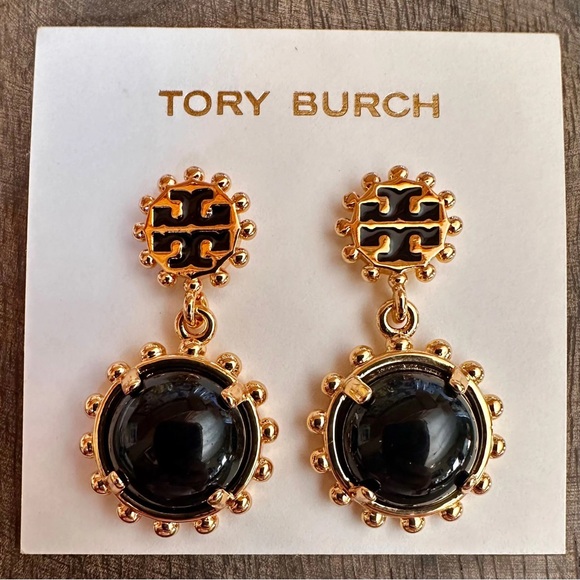 TORY BURCH WINSLOW BLACK + GOLD DROP EARRINGS - Picture 7 of 10